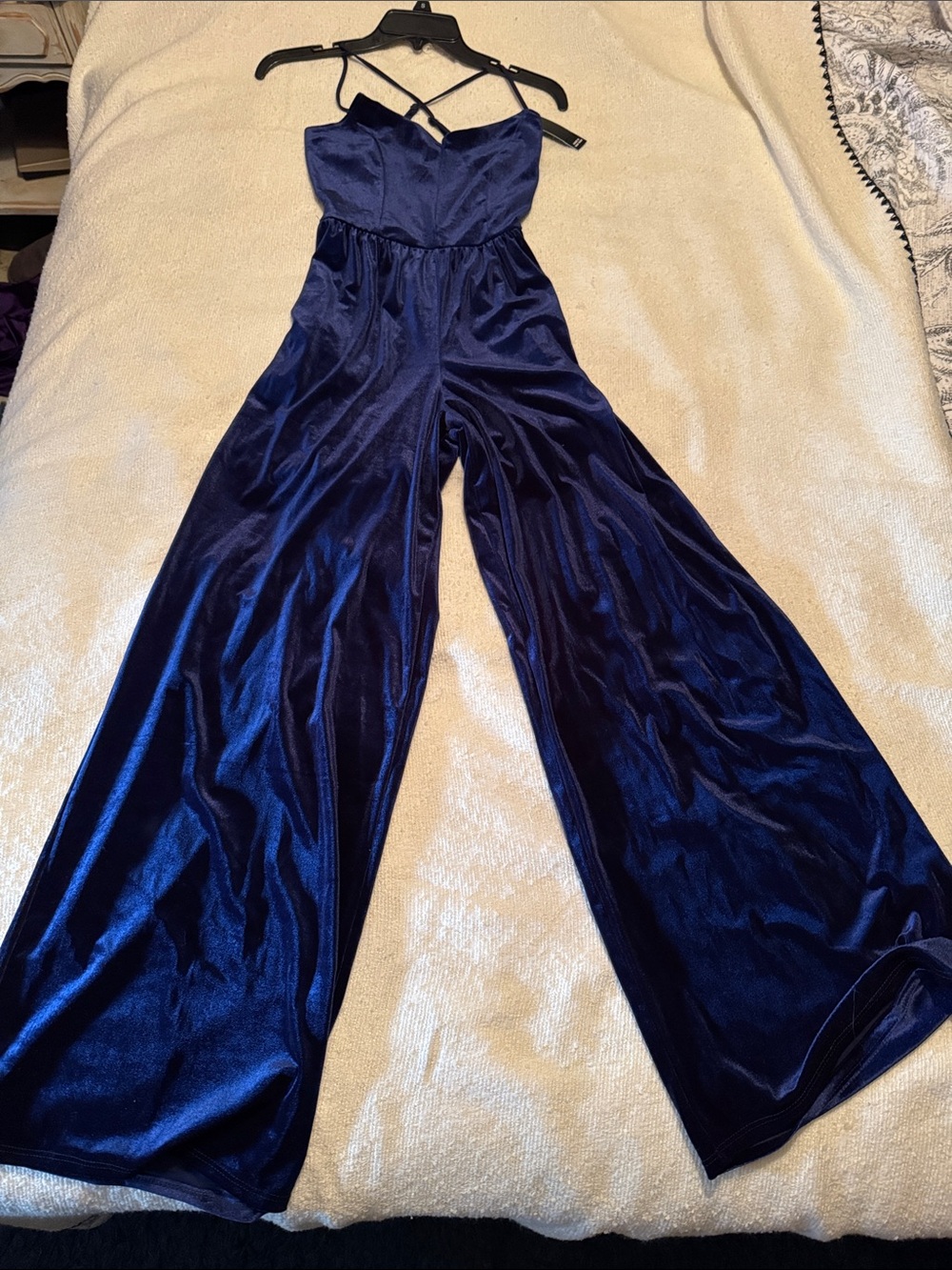 NWT Snap Navy Velvet Spaghetti-Strap Jumpsuit